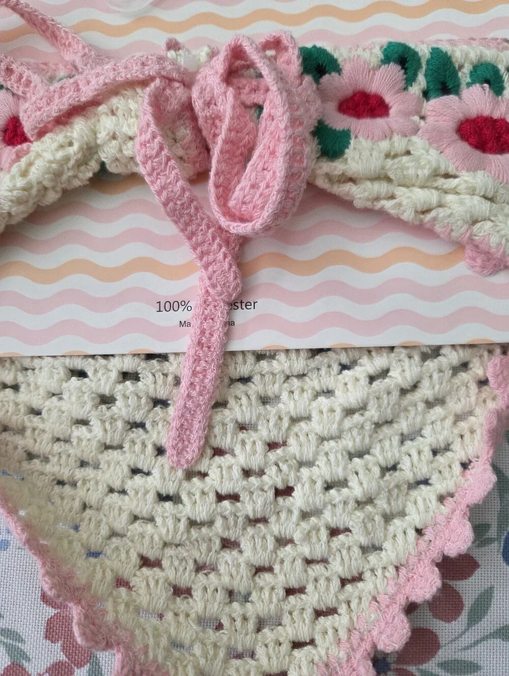 Piper Mulberry Crochet Floral Cream and Pink Bandana Scarf
